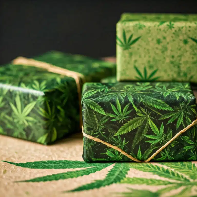 presents with cannabis-themed wrapping paper